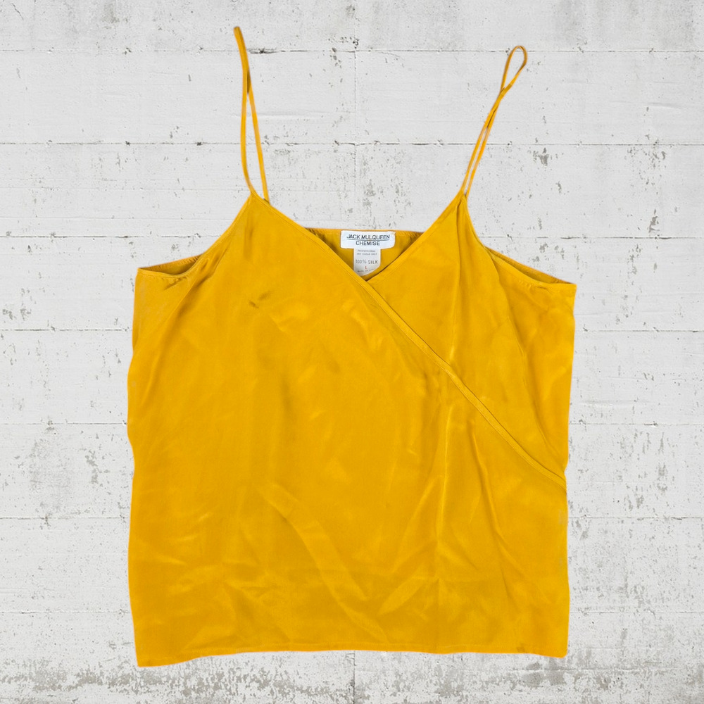 1970s Vintage Golden Yellow Silk Tank Top V-Neck Cami Jack Mulqueen Size Small